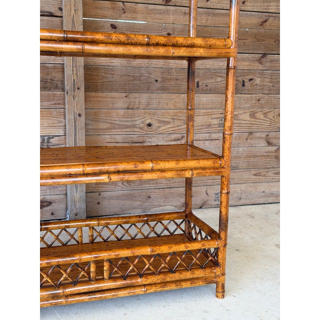 Wood Vintage Boho Coastal Brighton Pavilion Style Scorched Bamboo Étagère by Goldenrod For Sale - Image 7 of 12