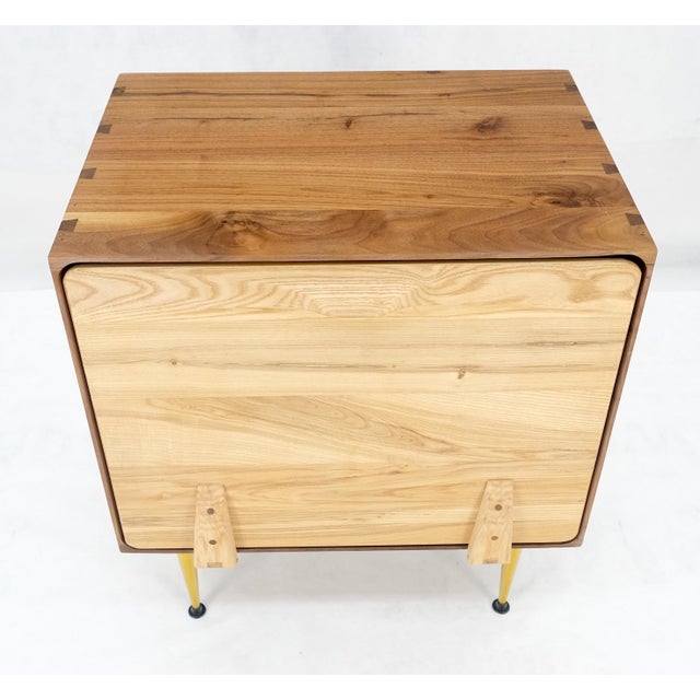 Mid-Century Modern Solid Oak & Walnut Tapered Brass Leg Dovetailed Design Drop Front End Side Table For Sale - Image 3 of 9