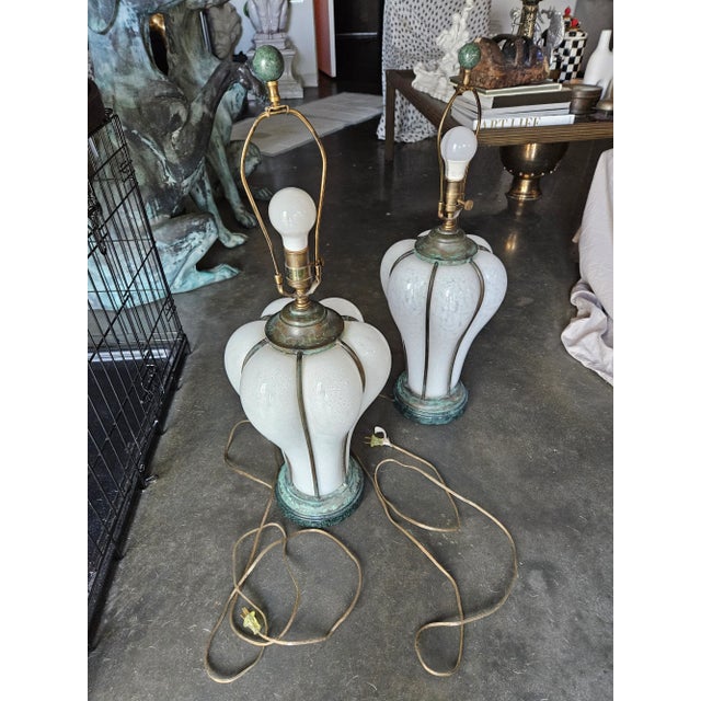 White Sarreid Italian Bronze Caged Murano White Glass Lamps - a Pair For Sale - Image 8 of 12
