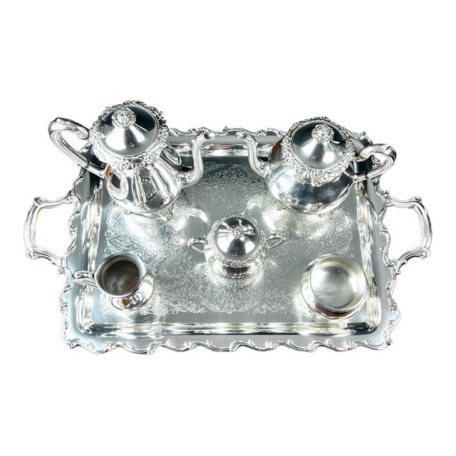 Mid 20th Century 1881 Wm. Rogers "Glenrose" 6 - Piece Master Tea & Coffee Service With Webster Wilcox "Joanne" Tray For Sale