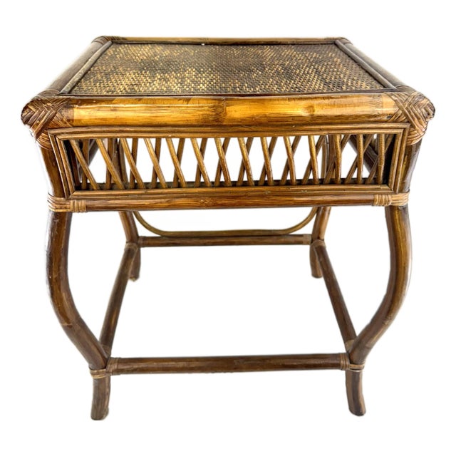 McGuire Style Mid 20th Century Rattan Side Table With Woven Top For Sale