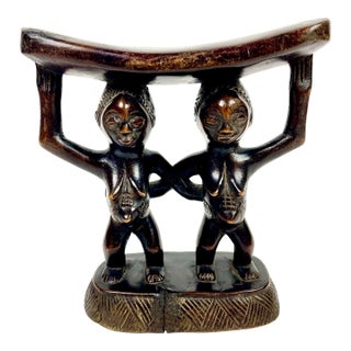 African Luba Headrest With Carved Twins For Sale