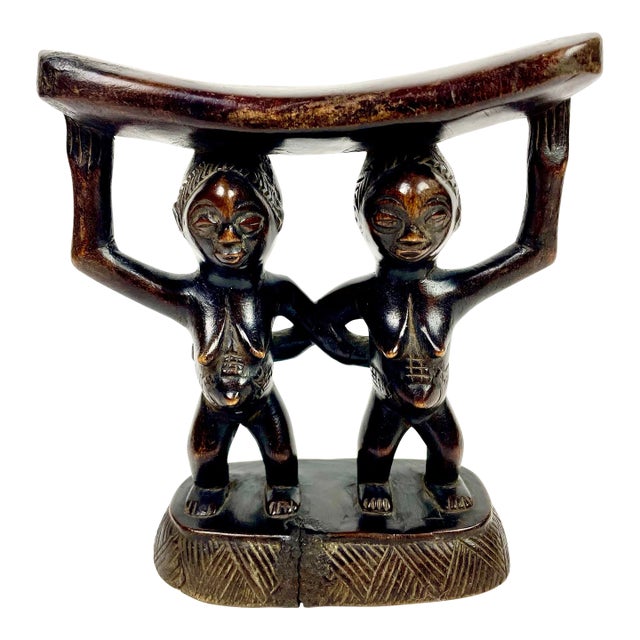 African Luba Headrest With Carved Twins For Sale