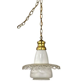 Mid-Century Milk Glass Pendant With Laced Clear Glass Skirt For Sale