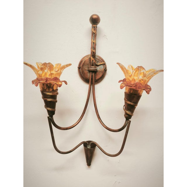 Two-Light Wall Lamp with Murano Glass, 1980s, in Very Good conditions. Designed 1980 to 1989 Up to 250V (Europe/UK...