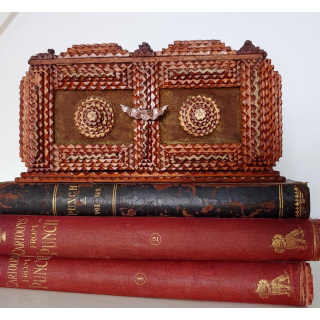 American Antique Tramp Art Lovers Jewelry Box For Sale - Image 3 of 12