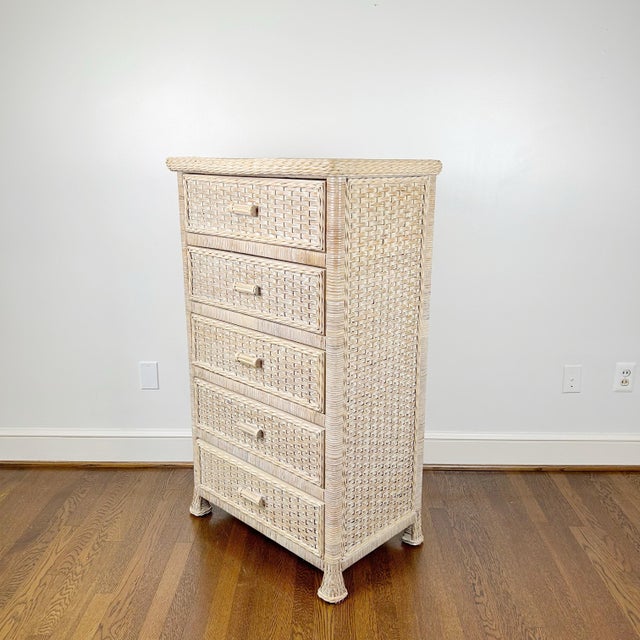 Boho Chic Late 20th Century Wicker Bedroom Set 5-Drawer Tall Boy Chest and 2-Drawer Nightstand - Set of 2 For Sale - Image 3 of 12
