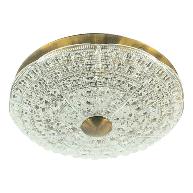 Mid-Century Modern Scandinavian Glass and Brass Flush Mount by Carl Fagerlund for Orrefors, Sweden, 1960s For Sale
