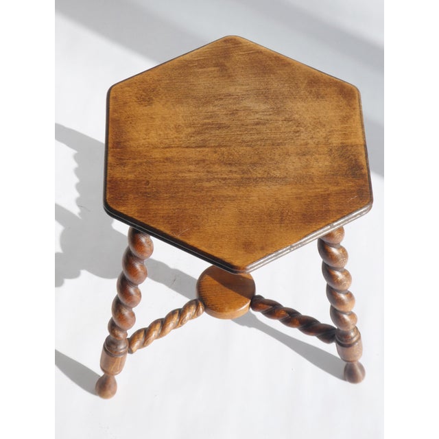 Wood Antique Rustic Farmhouse Hexagon Wooden Barley Twist Plant Stand, 1920s For Sale - Image 7 of 9