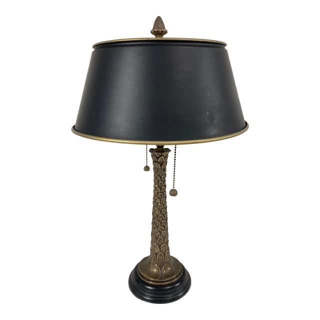 1980s Brass Palm Tree Bouillotte Table Lamp and Black Tole Shade For Sale