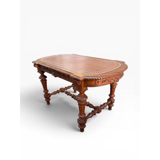 French Renaissance Revival Oak Writing Desk With Tooled Leather Top, Late 19th–Early 20th Century For Sale - Image 3 of 18