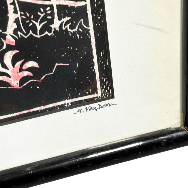 This captivating mid-century modern linocut print titled "Hawaii Volcano" by artist M. Van Dorn beautifully captures the...