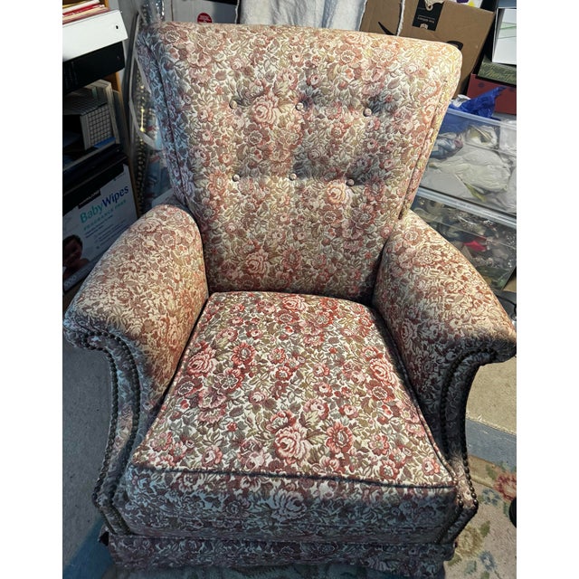English Vintage Floral Tufted Rocking Chair & Matching Ottoman With Nailhead Trim For Sale - Image 3 of 12