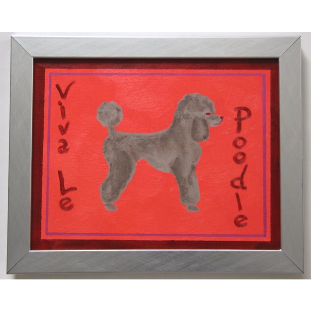 Poodle dog in shades of flamingo-orange, red and beige, with a burgundy and magenta border and lettering. Abstract,...