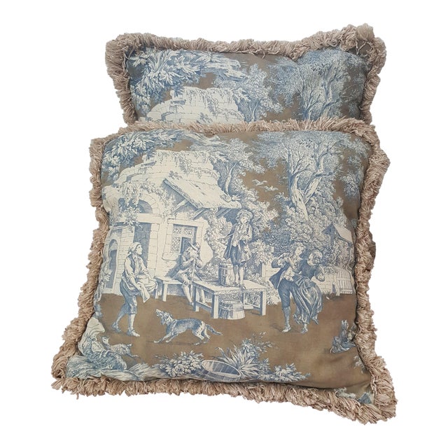 French Toille Fabric Throw Pillows A Pair Chairish