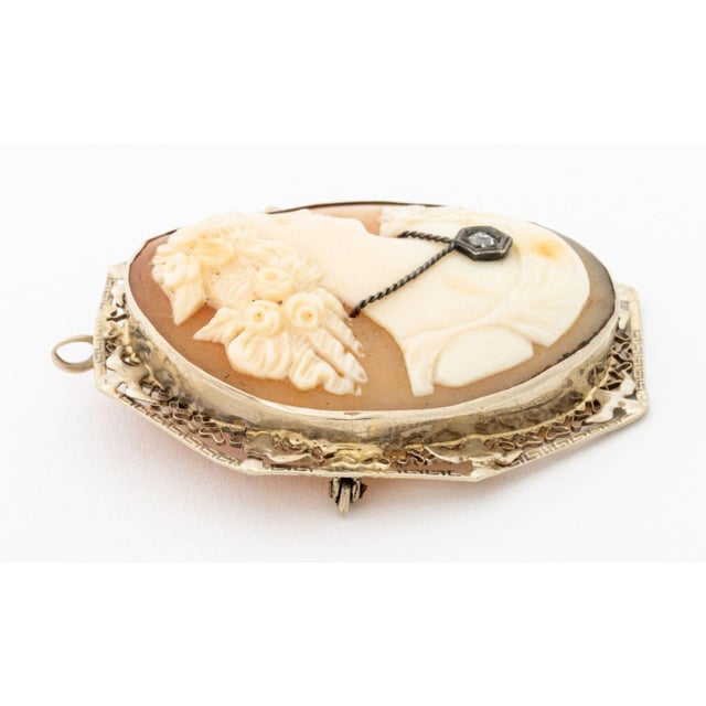 Early 20th Century Vintage Carved Shell Cameo Gold and Diamond Pin For Sale - Image 5 of 6