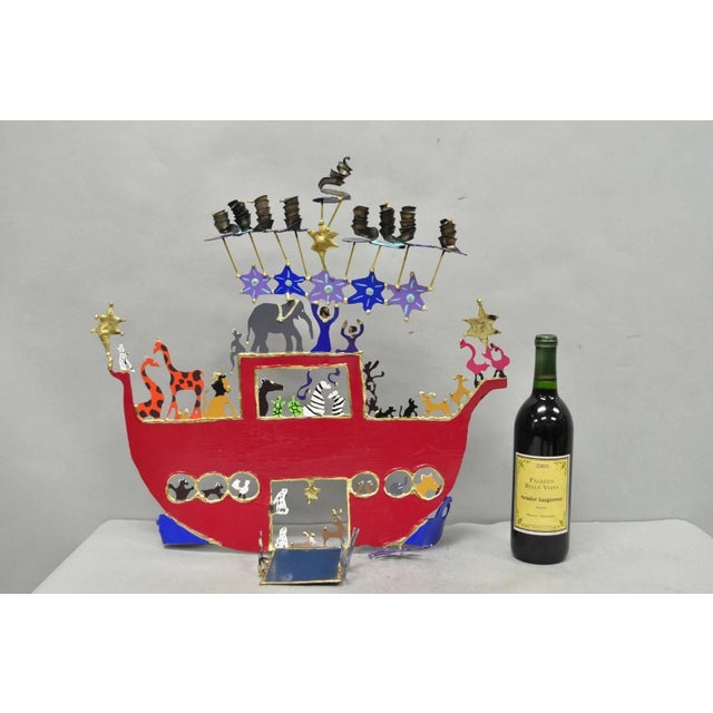 Modern Noah's Ark Cut Steel Metal Colorful Judaica Art Hannukah Menorah Candelabra Sculpture, Unsigned. Sculpture is...