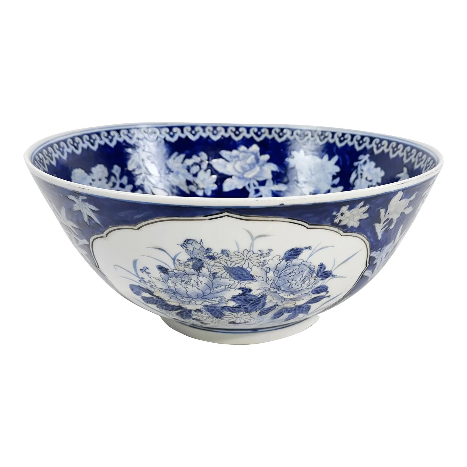 Antique Blue and White Floral Motif Centerpiece Bowl | Chairish