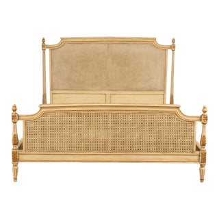 1950s French Louis XVI Style Painted Full Size Cane Bedframe For Sale