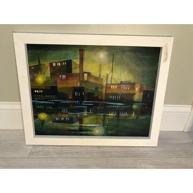 Mid Century Cubist Painting of an Industrial Building. Painting on board and housed in a solid wooden frame. colors...