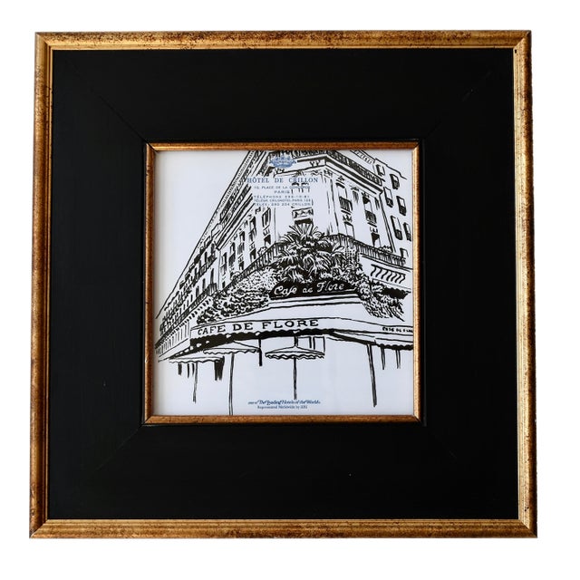Framed Drawing of Cafe De Flore on Vintage Stationery For Sale