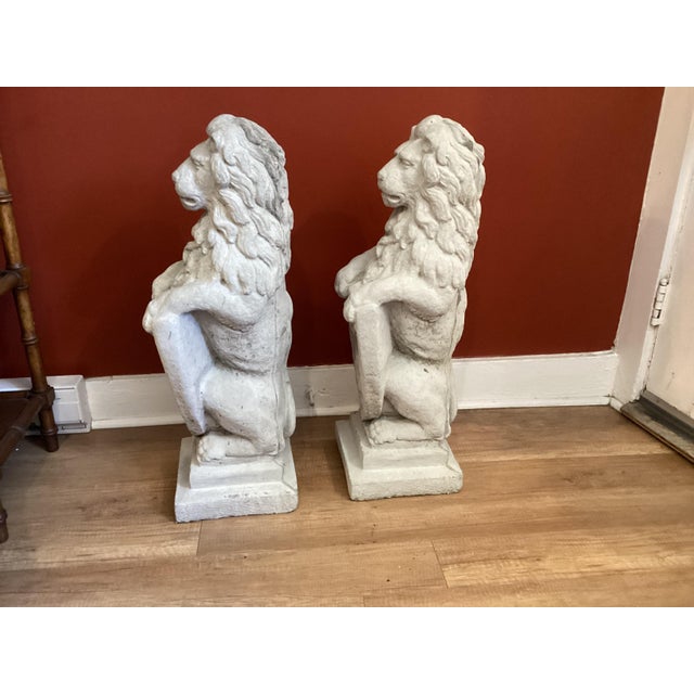 Alabaster 1990s Cast Cement Lions With Shield - Set of 2 For Sale - Image 8 of 10