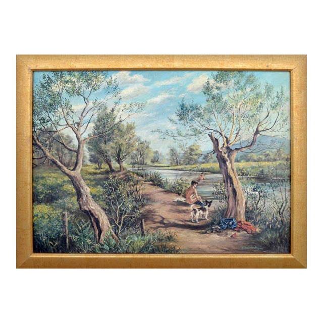 Afternoon Swim, Mid Century Figurative Landscape by H. Milton Snyder For Sale