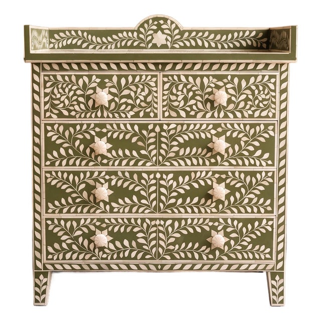 Arabesque Olive Green Inlay Dresser & Changing Table by House of Jaipur For Sale