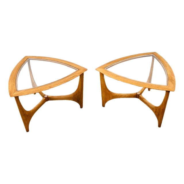 1960s Mid Century Modern Cocktail Table Set Side End Round Glass Triangular Lane Pair For Sale