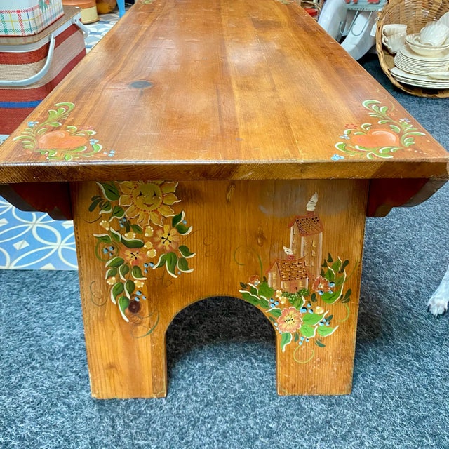 Danish Style Folk Art Wood Bench Handcrafted For Sale - Image 10 of 14