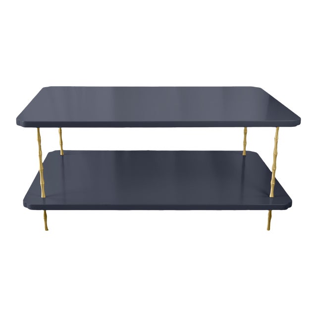 Handcrafted Satin Old Navy Painted Two-Layer Coffee Table With Brass Bamboo Legs For Sale