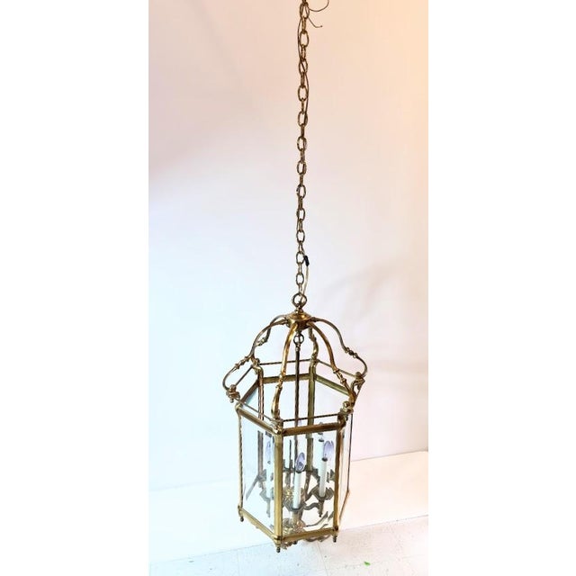 Very large hexacon hall or stairway regency brass lantern with beveled glass panels and 6 lights, early 1900 English. Very...