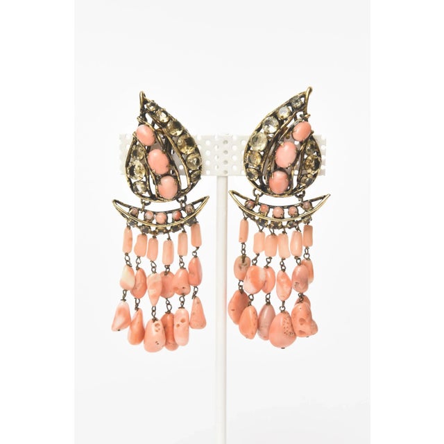 Vintage Iradj Moini Angel Coral, Citrine & Rhinestone Dangle Clip on Earrings - 2 Pieces For Sale - Image 10 of 12