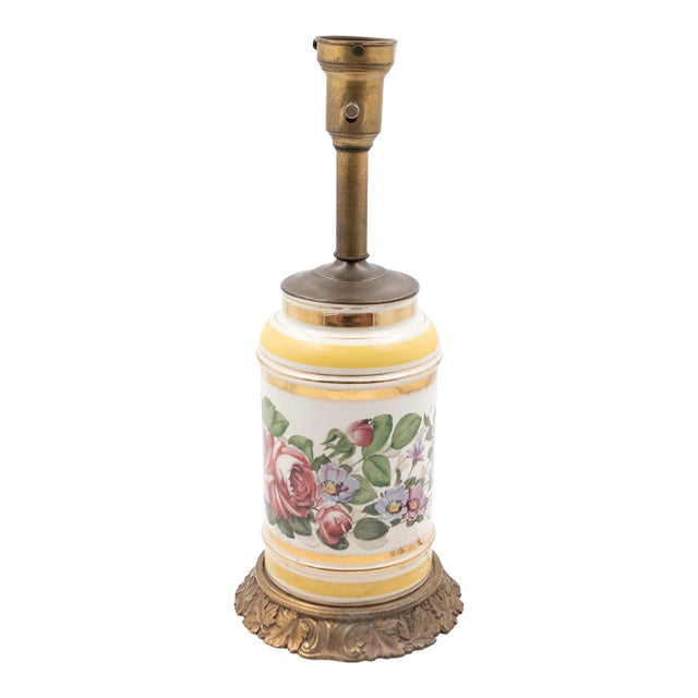 1950s Hand-Painted Floral Porcelain Table Lamp With Cast Brass Acanthus Base For Sale