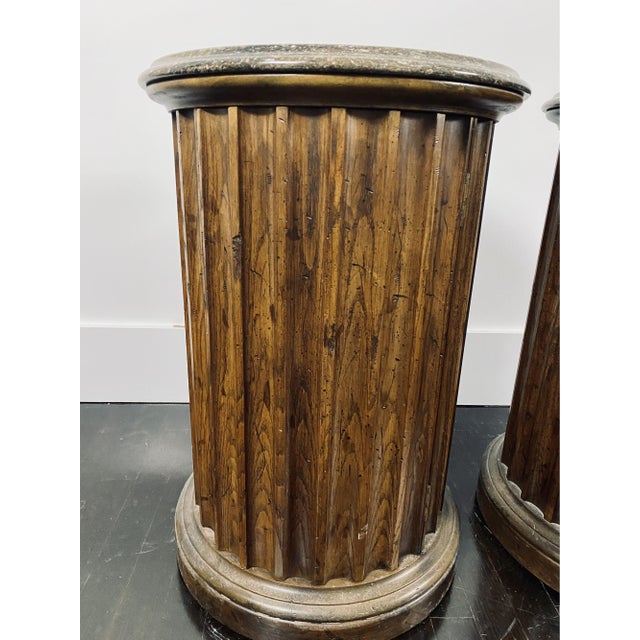 Mid 20th Century Vintage Neoclassical Style Marble Top Wooden Pedestal Side Tables—A Pair For Sale - Image 5 of 14