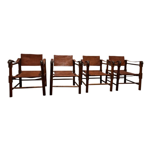 Vintage 1920s Roorkee Safari Chairs Set of 4 Brown Leather & Wood, Handmade For Sale