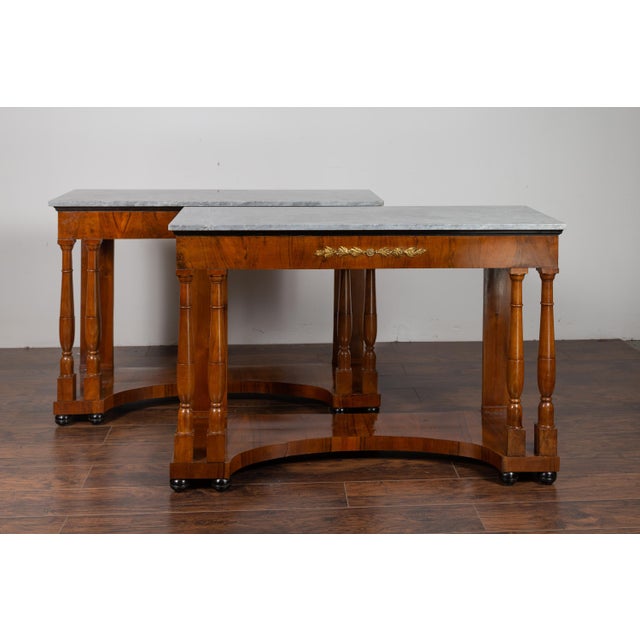 Mid 19th Century Pair of French 1860s Napoleon III Period Walnut Console Tables with Marble Tops For Sale - Image 5 of 12