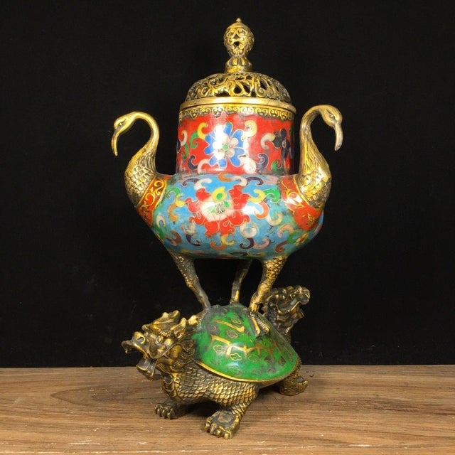 Cloisonné Enamel Turtle & Crane Incense Burner For Sale - Image 4 of 9
