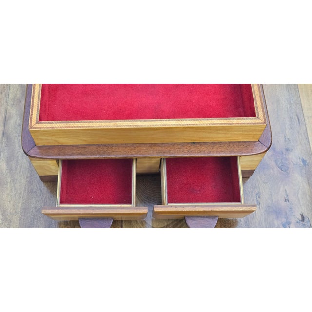 Wood Vintage Mid-Century Modern Walnut Jewelry Box With Red Velvet Lined Compartments & Glass Lid For Sale - Image 7 of 7