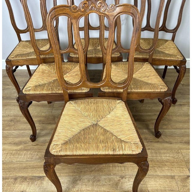 Vintage French Dining Chairs in Oak with Rush Seats, Set of 6 For Sale - Image 4 of 17