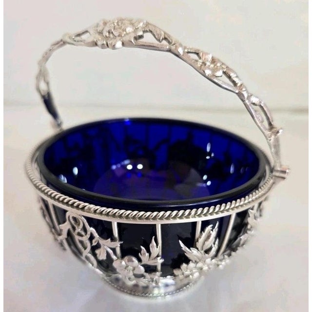 George V Sterling Silver Swing Handle Basket with Blue Glass Liner, 1912 For Sale - Image 6 of 18