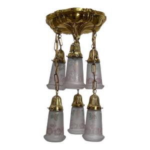 1910s Small Sheffield Shower Light in Polished Brass With 6 Floral Shades #2571