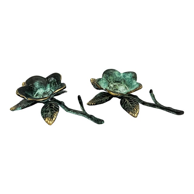 Pair of Vintage Verdigris Brass Floral Sculptures / Candle Holders – Hollywood Regency / Botanical Style For Sale