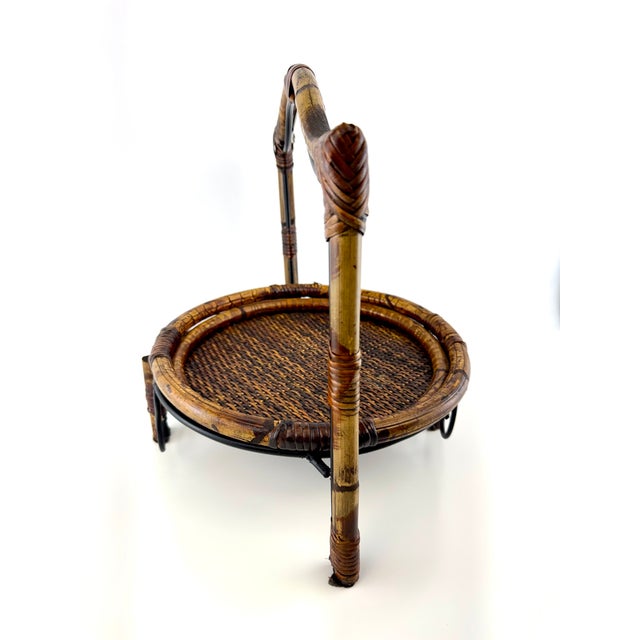 Vintage Tortoiseshell Rattan & Wrought Iron Round Tray Stand For Sale - Image 10 of 12