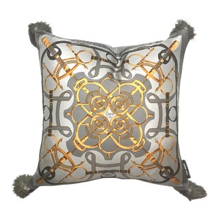 Hermès Eperon d'Or Silver Vintage Silk Scarf Pillow For Sale