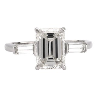 1960s Gia 2.01 Carat Emerald Cut Diamond Platinum Engagement Ring For Sale