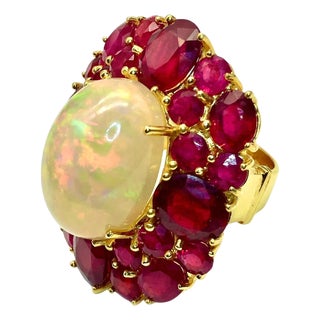 Bochic "Capri" Vintage Ruby & Fire Opal Cluster Ring Set In 18K Gold & Silver For Sale