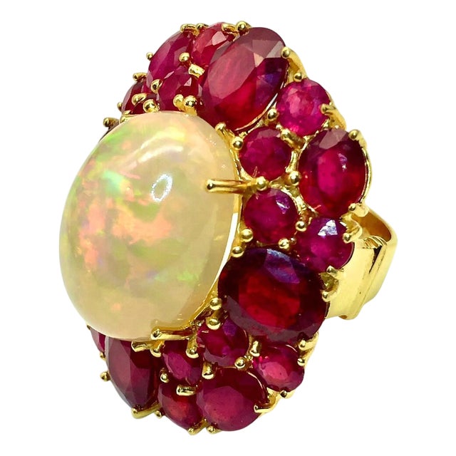 Bochic "Capri" Vintage Ruby & Fire Opal Cluster Ring Set In 18K Gold & Silver For Sale