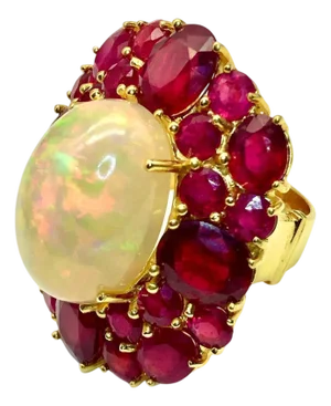 Bochic "Capri" Vintage Ruby & Fire Opal Cluster Ring Set In 18K Gold & Silver