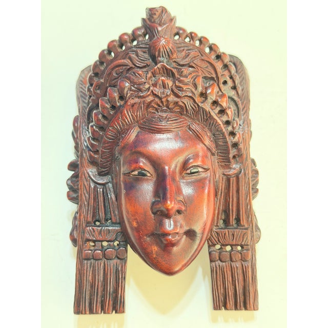Brown Pair of Vintage Balinese Rama & Sita Hand-Carved Wood Theatrical Wall Masks For Sale - Image 8 of 15